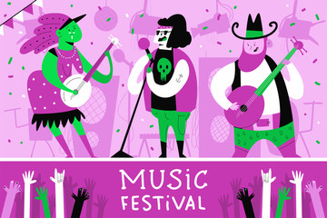 Music festival poster with musicians and singer vector cartoon concept illustration.
