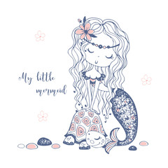 A cute little mermaid with a turtle. Doodle style. Vector.