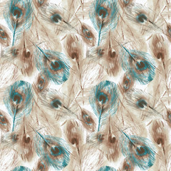 Feather Seamless Pattern. Watercolor Background.