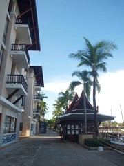 Asian street in a coastal town. Road, four-story modern houses, balconies, windows, roofs, shop windows, Asian-style gazebo, palm trees, sky, direct path, nobody. Walking road, empty promenade