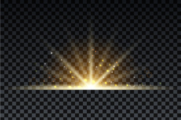 Golden burst with sparkle rays and lens flare effect. Glowing stars. Golden glitter bokeh lights and burst of magical dust particles. Vector illustration.