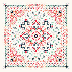 Vector ornament Bandana Print. Traditional ornamental ethnic pattern with paisley and flowers. Silk neck scarf or kerchief square pattern design style, best motive for print on fabric or papper. - 345529851