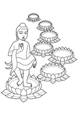 The Lord of Buddha was born, walking on lotus flowers 7 steps. Vector line art illustration.