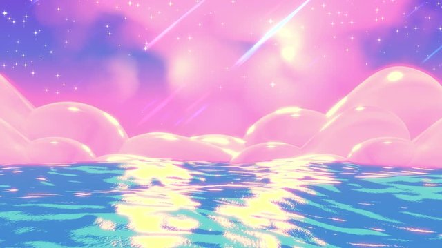 Japanese anime style blue and pink sea at night animation. (Looped)