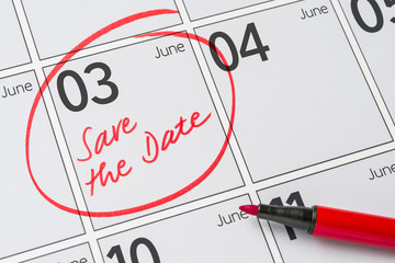 Save the Date written on a calendar - June 03