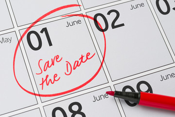 Save the Date written on a calendar - June 1