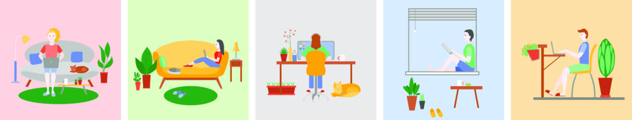 Square color pictures of people working at home.