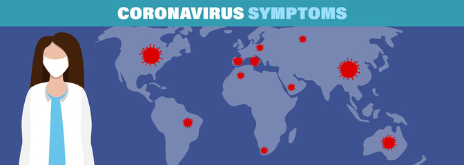 Coronavirus outbreak, COVID-19 vectorillustration symptoms infection, influenza background with dangerous flu strain cases as pandemic medical health, risk concept with disease cells.