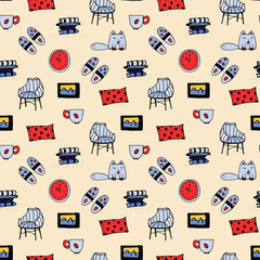 Stay home seamless pattern. Doodle painting with cat, tea pot, carpet, slippers and chair. Stock vector illustration isolated on white background.