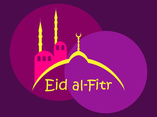 Eid al-Fitr muslim religious holiday. Colorful greeting card with mosque and minaret. Eid Mubarak. Vector illustration