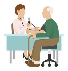 Fototapeta premium Elderly patient medical care in hospital, vector illustration. doctor character take old senior man blood pressure in clinic. woman nurse check health by medicine measurement equipment.