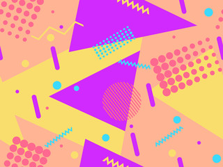 Memphis seamless pattern with geometric shapes in the style of the 80s. Eighties print colorful background for promotional products, wrapping paper and printing. Vector illustration