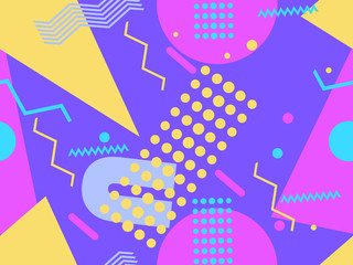 Memphis seamless pattern with geometric shapes in the style of the 80s. Eighties print colorful background for promotional products, wrapping paper and printing. Vector illustration