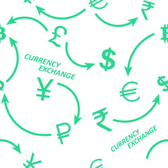 Currency exchange, monetary units of different countries, money, arrows. Seamless ornament, pattern, background and template