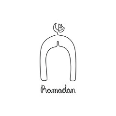 Ramadan inscription, islamic design crescent moon and mosque silhouette, continuous line drawing, small tattoo, print for clothes and logo design, emblem or logo design, isolated vector illustration.