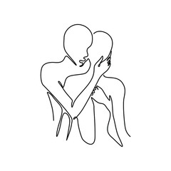 Hugging couple, embrace, friends meet with hugs, continuous line drawing, small tattoo, print for clothes and logo design, emblem or logo design, isolated vector illustration.