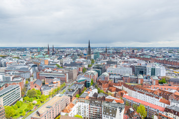 Aerial view of downtown of  Hamburg, Germany, view from the clock tower of Church of St. Michael. A landmark of the city and considered to be one of the finest Hanseatic Protestant baroque churches