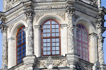 DUBROVITSY, MOSCOW REGION, RUSSIA - March, 2019: Church of the Theotokos of the Sign at Dubrovitsy Estate. Facade decoration elements