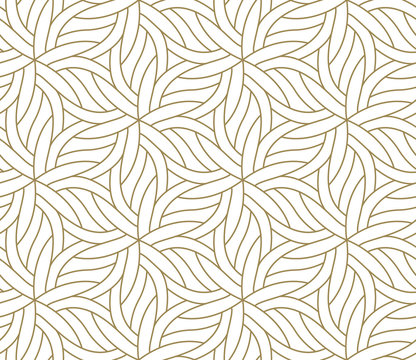 Seamless floral pattern with abstract geometric flower line texture, gold on white background. Light modern simple wallpaper, bright tile backdrop, decorative graphic element