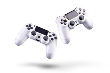 Set of white video game joysticks gamepad isolated on a white background