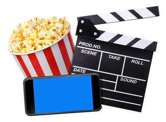 Flying popcorn, film clapper board and phone isolated on white background