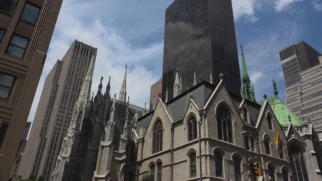 Heavy traffic in the narrow streets of Manhattan near ST. Patrick's Cathedral
