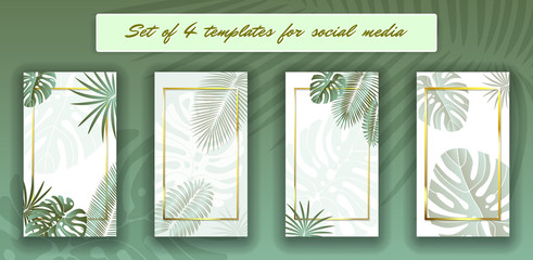 4 Tropical templates for social media.
 
Tropical leaves social media frames. 4 Instagram Stories template kit. Vector design backgrounds for smartphone. Jungle foliage backdrop.