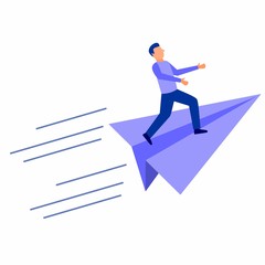 Vector illustration, achievement concept, business man standing on a paper airplane, moving towards the goal.