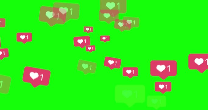 Animation of like icons motion on green background. Social media heart icon animation. Love, success, number, follow, community concept.