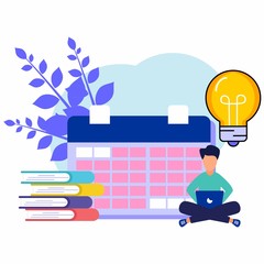 Vector illustration. Young man characters make a schedule online on a tablet. design scheduling business graphics tasks on week - Vector - Vector.