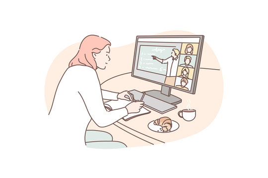 Training, communication, distance, business, feelance concept. Young woman manager freelancer cartoon character participates in video conference remotely. Online training or work on self isolation.