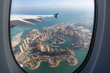 The Skyline of Doha from the window of an airplane