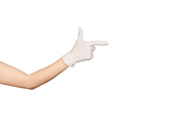 Hand in a white disposable latex glove isolated on white.