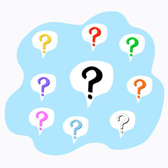 Multi-colored question marks in speech bubbles. The concept of asking. Help symbol. FAQ sign. Stickers and social media templates. Stock vector illustration isolated on white background.