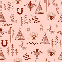 Seamless pattern with bohemian and tribal elements, evil eye, snake, wigwam, moon, bird ornaments, cactus. Editable vector illustration.