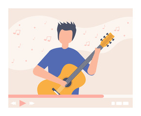 Guitar video tutorial, musical blogger online vector illustration. Playing acoustic instrument lesson, cartoon man guitarist character. Teaching hobby, artist play song on camera, notes around.