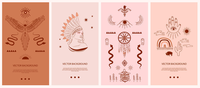 Collection vertical template for networking and social media. Boho and Tribal elements, woman face portrait, dreamcatcher, eagle birds, esoteric elements, insect, plants. Vector Illustration.