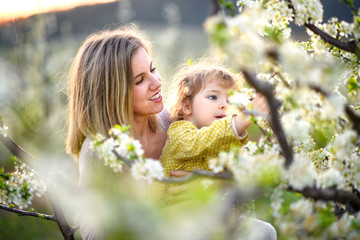 Mother with small daughter standing outdoors in orchard in spring, smelling flowers.