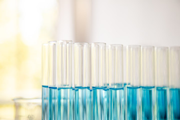 Laboratory Tube With sampling of Virus corona covid 19 vaccine. 
Scientific Lab equipment Close-Up. Concept of Pandemic Disease and Healthcare Vaccine.