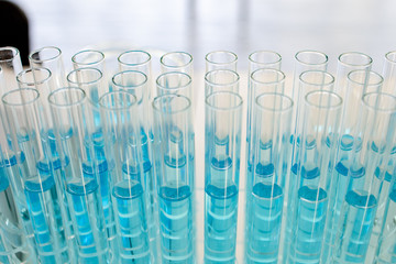 Laboratory Tube With sampling of Virus corona covid 19 vaccine. 
Scientific Lab equipment Close-Up. Concept of Pandemic Disease and Healthcare Vaccine.