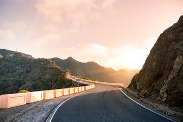 Mountain road in style of Vintage toning. Travel background on highway in mountains. Canary...