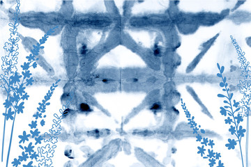 Vector indigo tie dye abstract ink background. Blue textured hand painted pattern with flowers.