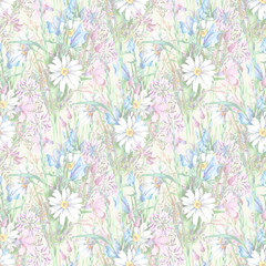 Field Flowers Seamless Pattern. Watercolor Illustration.