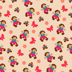 Childish seamless pattern, girl, bear, flower and butterfly, Vector illustration