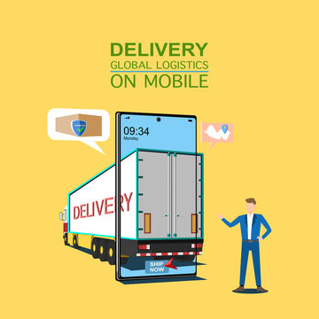 People stand near delivery truck. delivery global logistics online concept. Delivery home and office. City logistics. Delivery man, warehouse, truck, on mobile. vector illustration