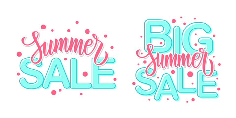 Summer Sale promotional commercial templates set. Summertime seasonal special offer labels with hand lettering for discount shopping, retail, promotion and advertising. Vector illustration.