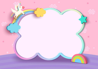 Unicorn and rainbow with frame on pink background.