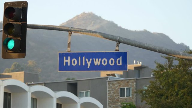 Hollywood boulevard street sign and traffic lights in 4k
