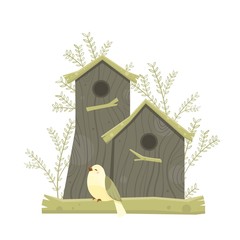Vector birdhouses, cute birds and nests illustrations.