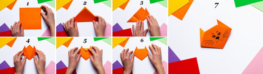 Step by step guide for children how to make an origami cat. Collage of 7 steps. Ideas for family...